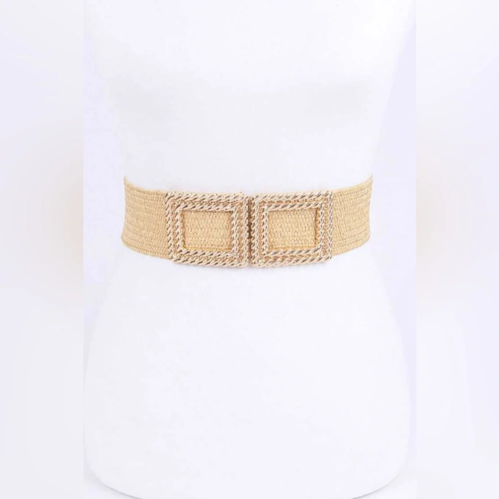 Gold Square Buckle Coated Straw Statement Belt